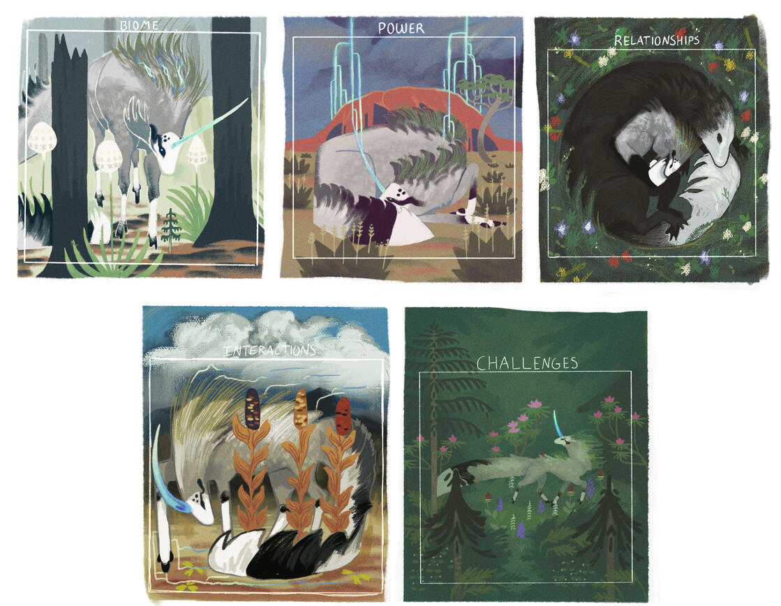 A collection of stylized images featuring the same creature in various backgrounds