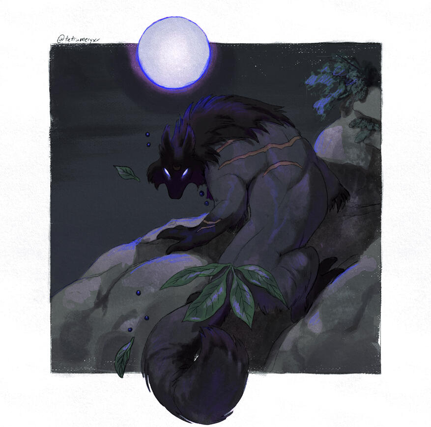 A hulking, dark werewolf-like creature crawls up a cliff under the moonlight
