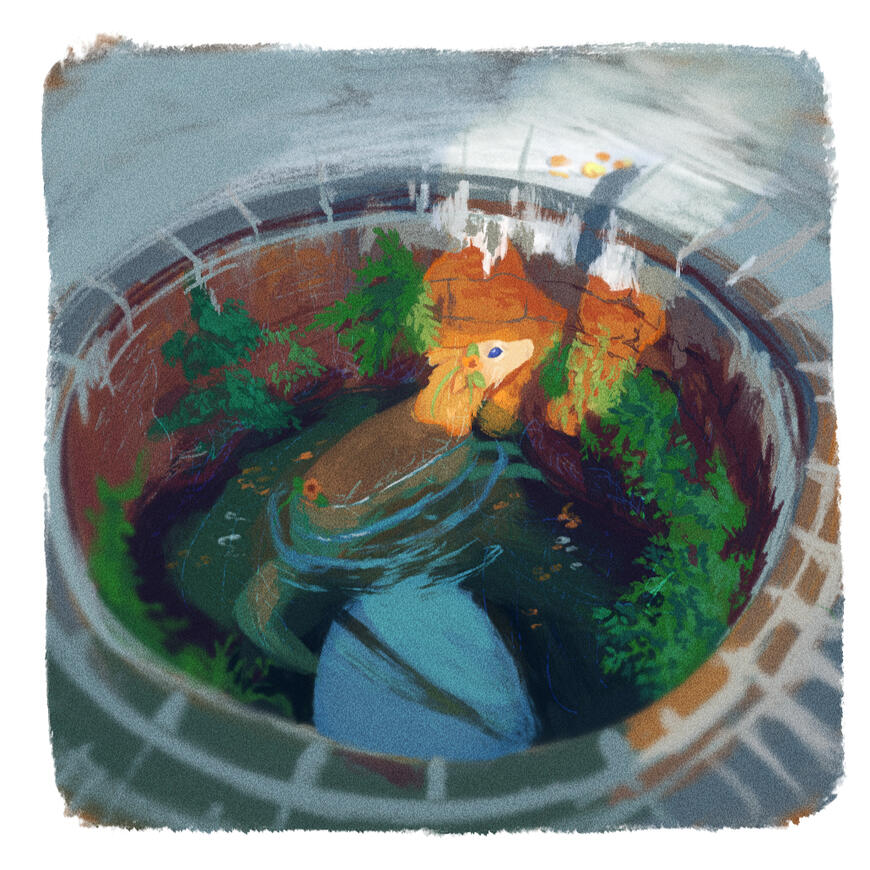 A nature spirit looks up at the camera from the bottom of a mossy well