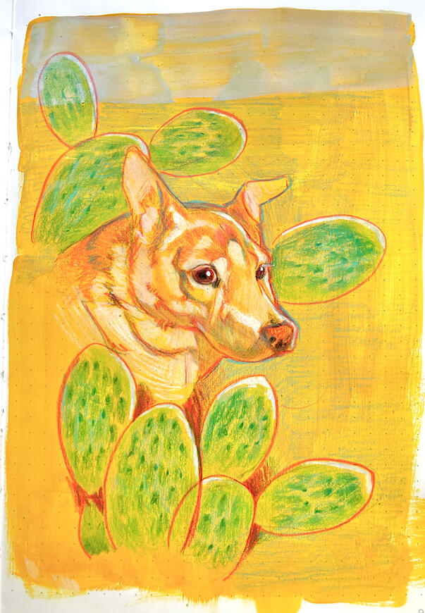 A mixed-media painting of a yellow lab-like dog surrounded by decorative prickly pears